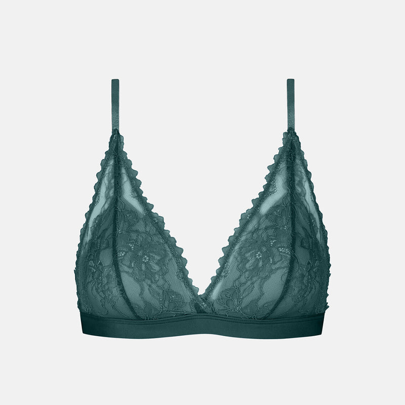 A dark teal lace triangle bralette with scalloped edges and thin shoulder straps, shown against a light gray background.