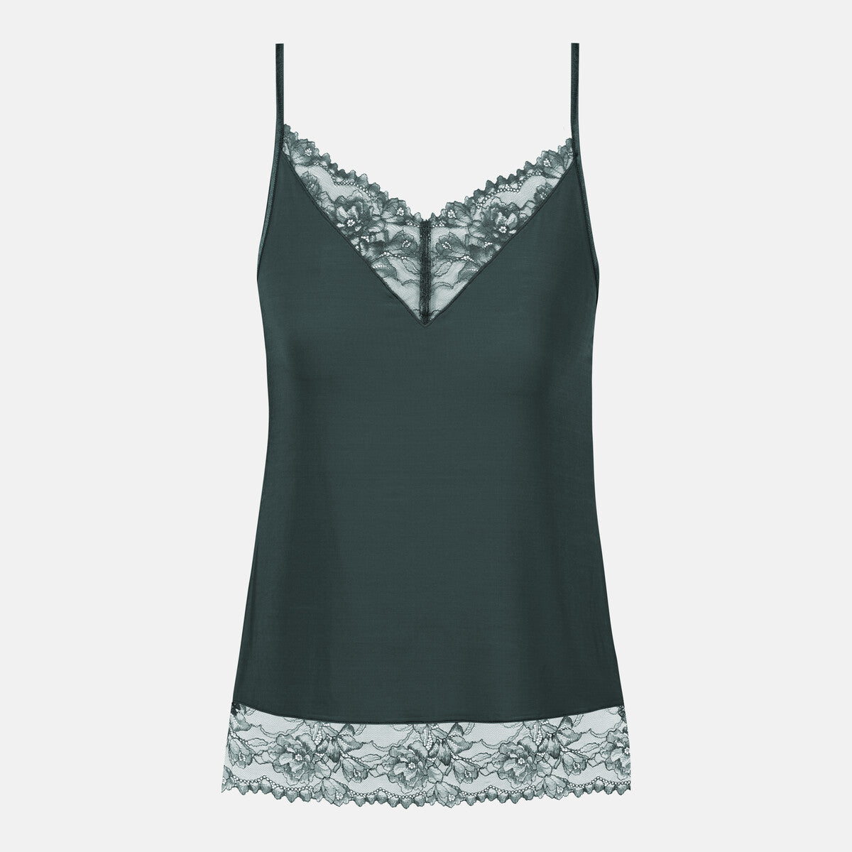 women's camisole in dark green with lace trim on clear white background