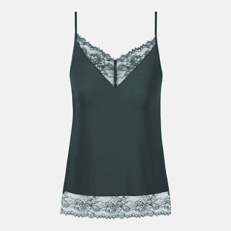 women's camisole in dark green with lace trim on clear white background