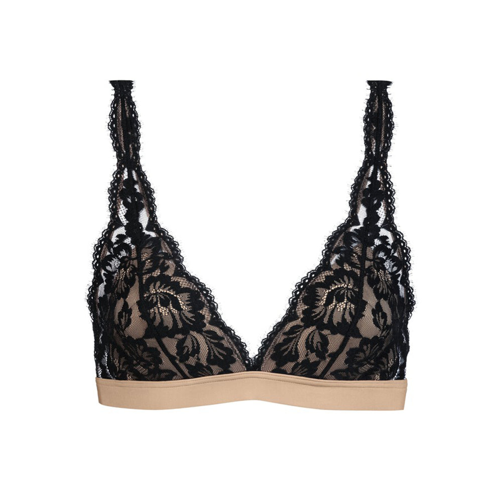 Black floral lace underwire bra with beige molded cups and a beige underband, shown against a plain white background.