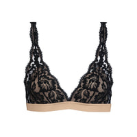 Black floral lace underwire bra with beige molded cups and a beige underband, shown against a plain white background.