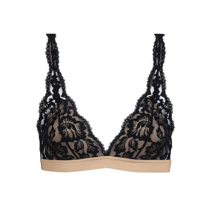 Black floral lace underwire bra with beige molded cups and a beige underband, shown against a plain white background.