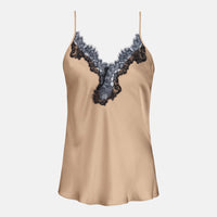 women's camisole in golden beige colour with thin straps and black v neck trim on a plain white background
