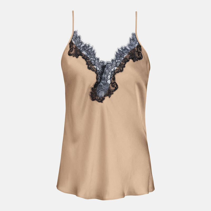 women's camisole in golden beige colour with thin straps and black v neck trim on a plain white background