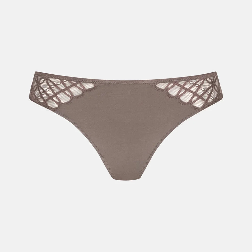 A pair of women's low-rise thong panties in a muted taupe-brown color, featuring intricate floral lace applique on the hip straps, shown against a plain light gray background.