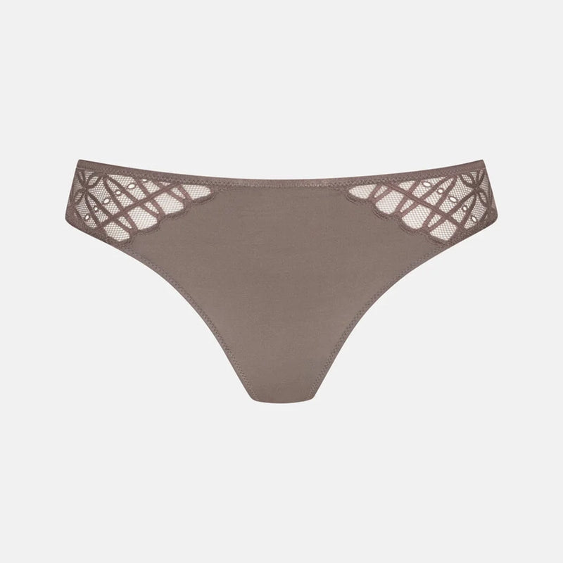 A pair of women's low-rise thong panties in a muted taupe-brown color, featuring intricate floral lace applique on the hip straps, shown against a plain light gray background.