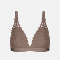 A structured triangle bra in a muted taupe-brown color, featuring intricate floral lace detailing and scalloped edges, shown against a plain light gray background.