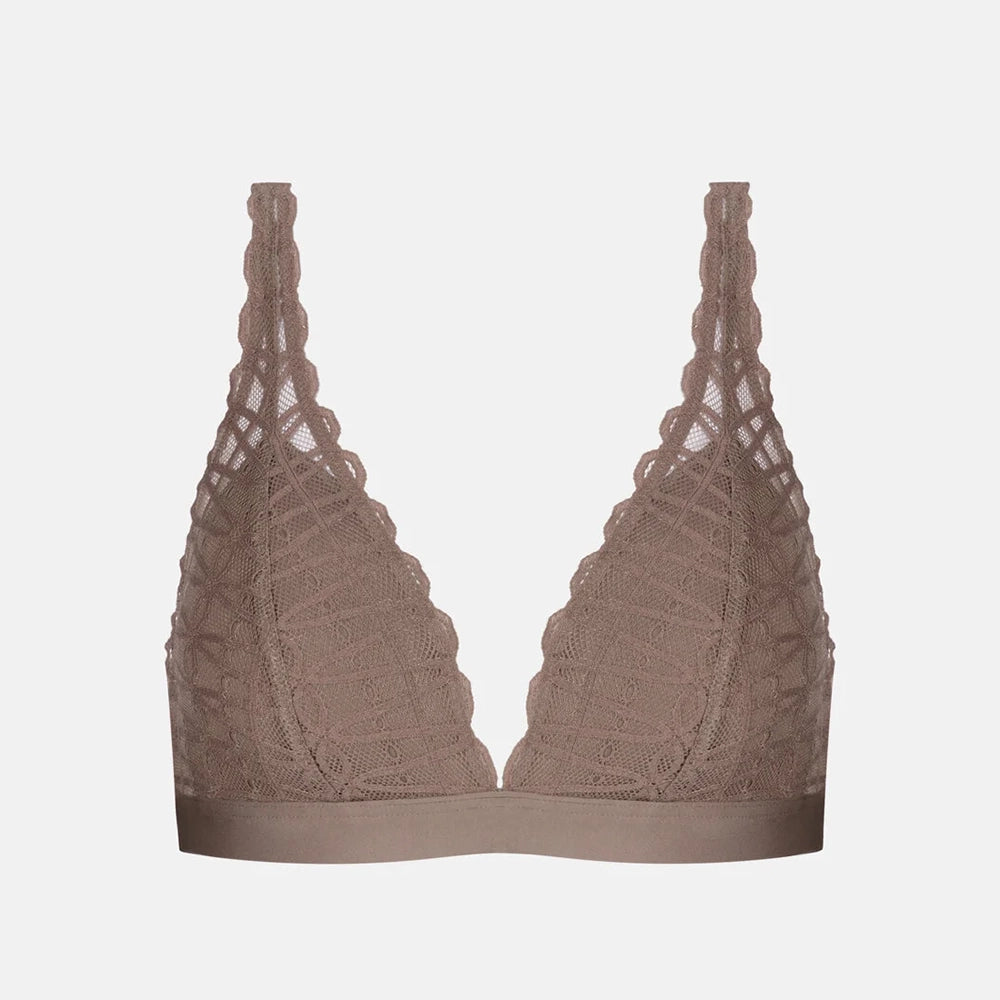 A structured triangle bra in a muted taupe-brown color, featuring intricate floral lace detailing and scalloped edges, shown against a plain light gray background.