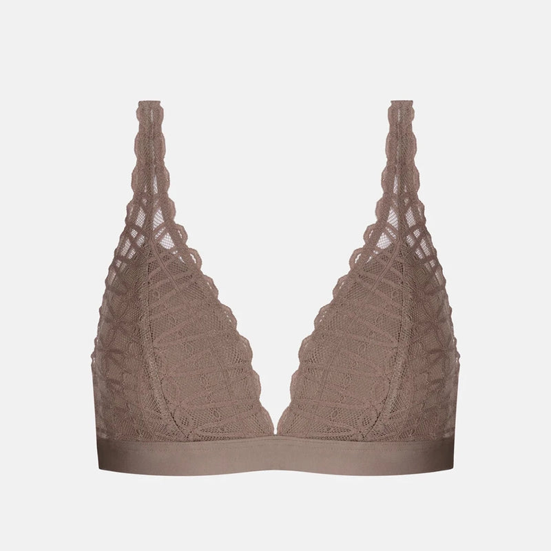 A structured triangle bra in a muted taupe-brown color, featuring intricate floral lace detailing and scalloped edges, shown against a plain light gray background.
