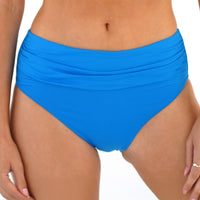 blue high-waisted bikini bottom on a white background