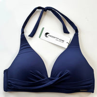 navy blue bikini top with 'Moontide' tag on a white background