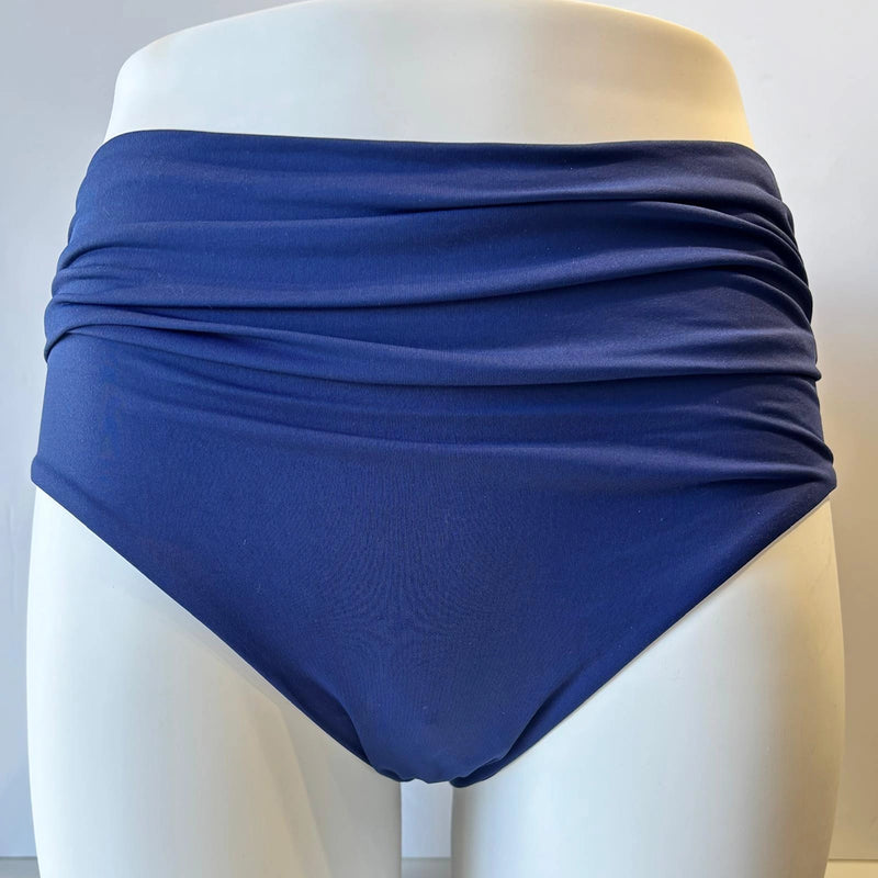 blue high-waisted bikini bottom on a mannequin against a neutral background