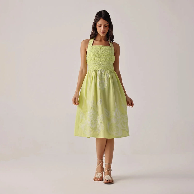 woman wearing a light green dress with floral patterns on a plain background