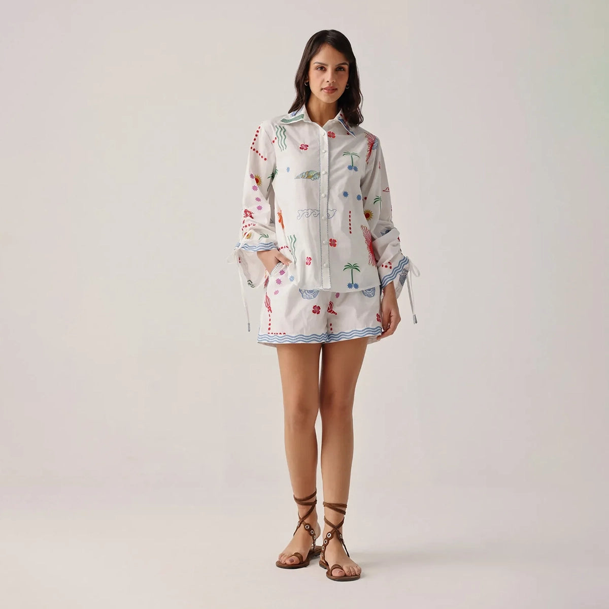 white short and shirt with embroidery