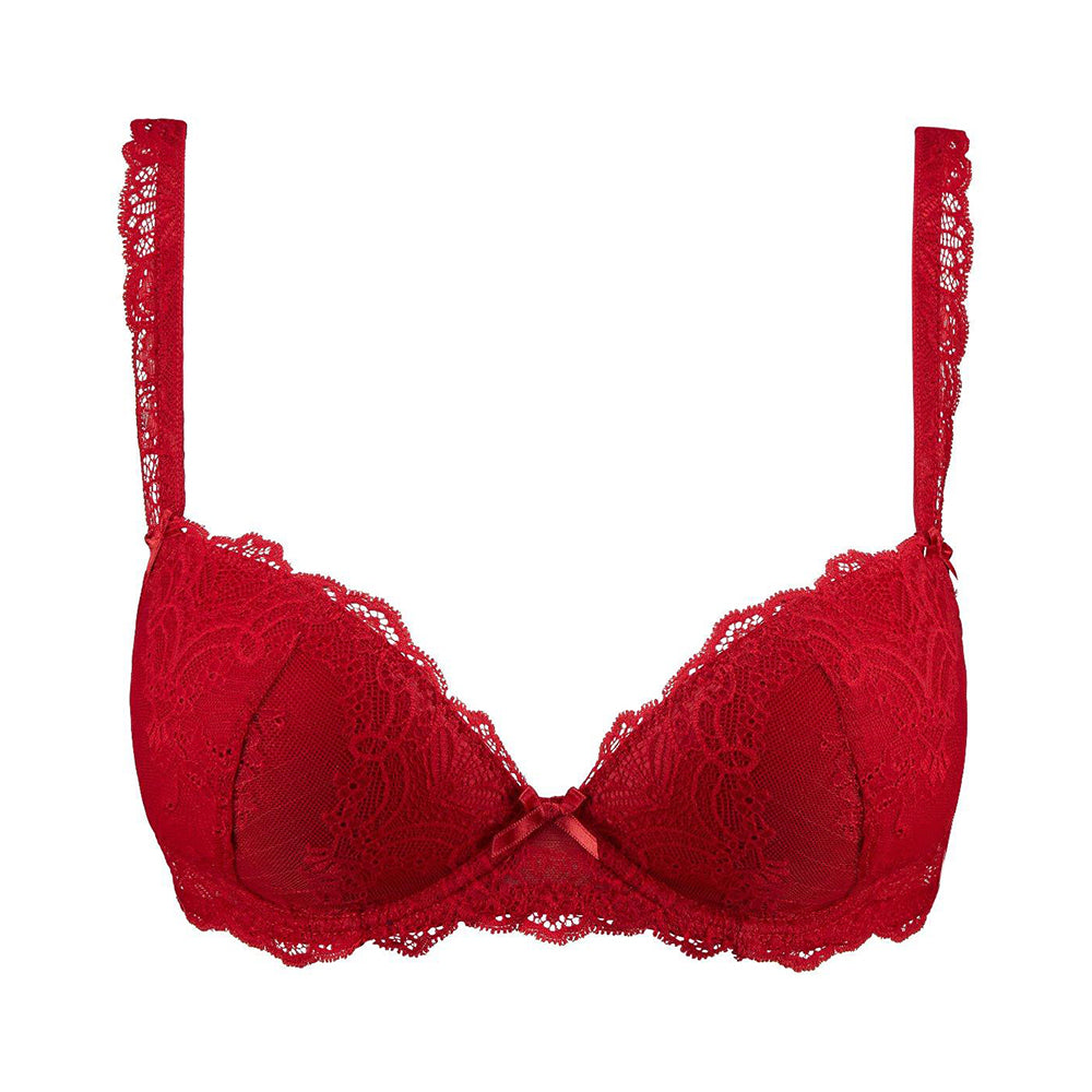red lace bra on a white background