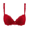 red lace bra on a white background