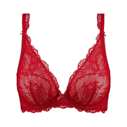 red lace bralette on a white background