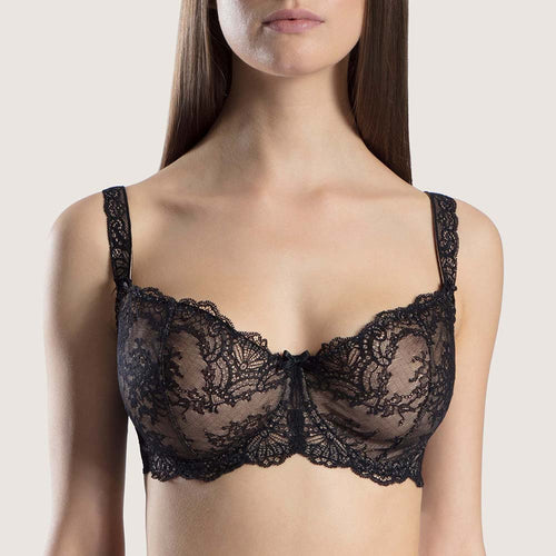 black lace bra on a plain background