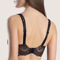 black lace bra on a model against a neutral background
