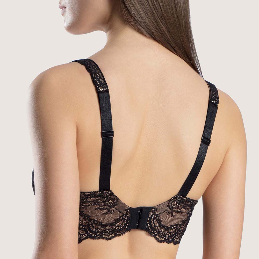 black lace bra on a model against a neutral background
