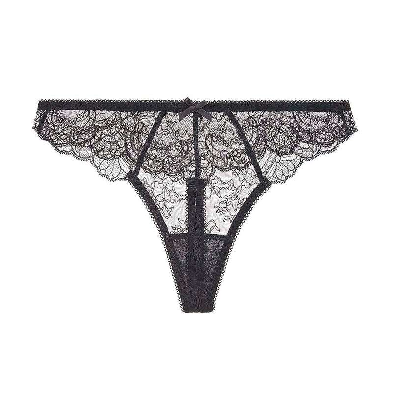 lack lace thong on a white background
