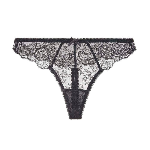 lack lace thong on a white background