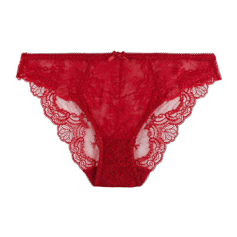 red lace lingerie set on a white background