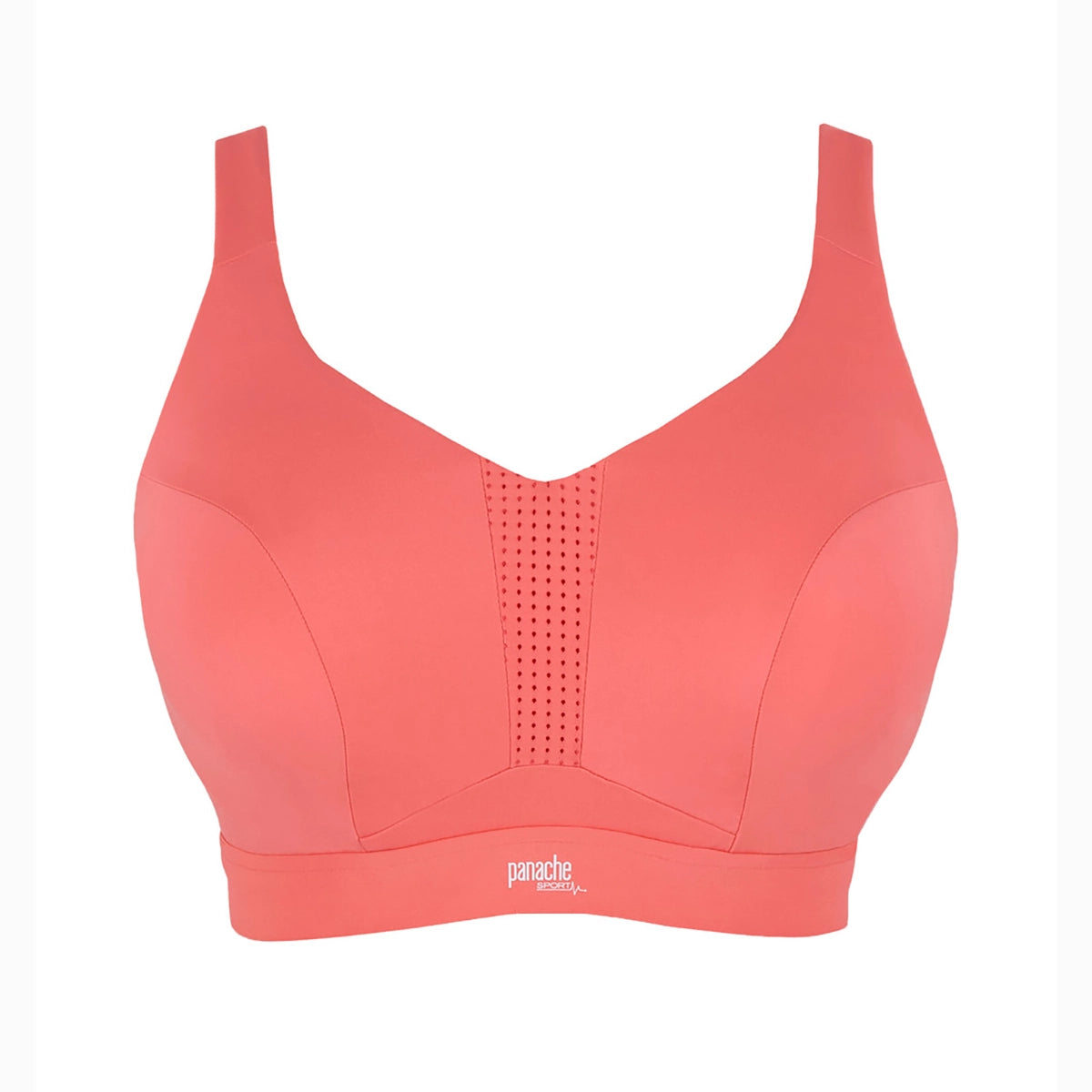 a coral pink sports bra with a V-neckline, wide shoulder straps, and a perforated center panel, shown against a plain white background. The brand name 'panache fitness' is printed in white on the lower center band.