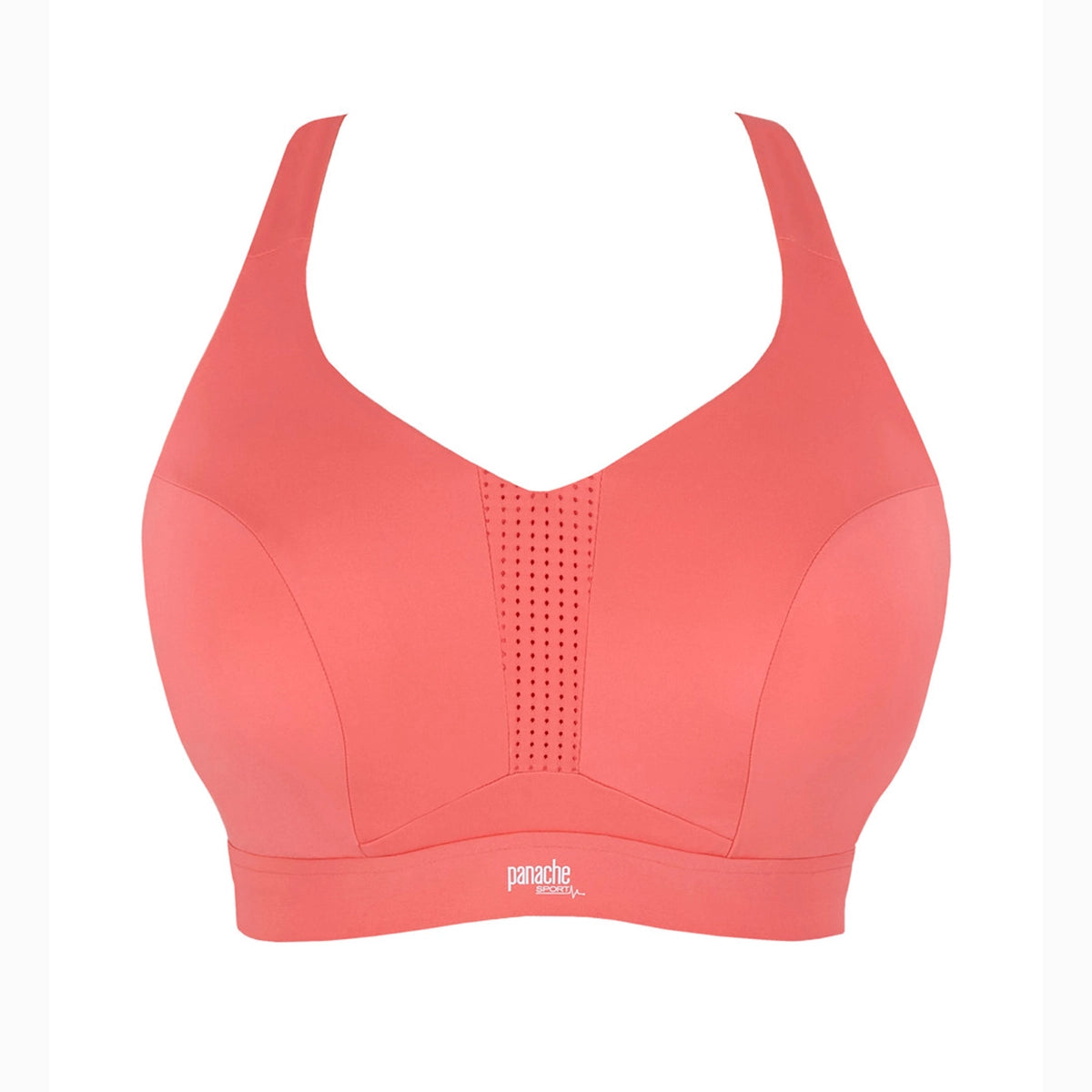 a coral pink sports bra by Parache, shown flat against a solid white background. The bra features a V-neckline, wide shoulder straps, a central perforated ventilation panel, and a wide underband with the brand name 'parache' printed in white near the bottom center.