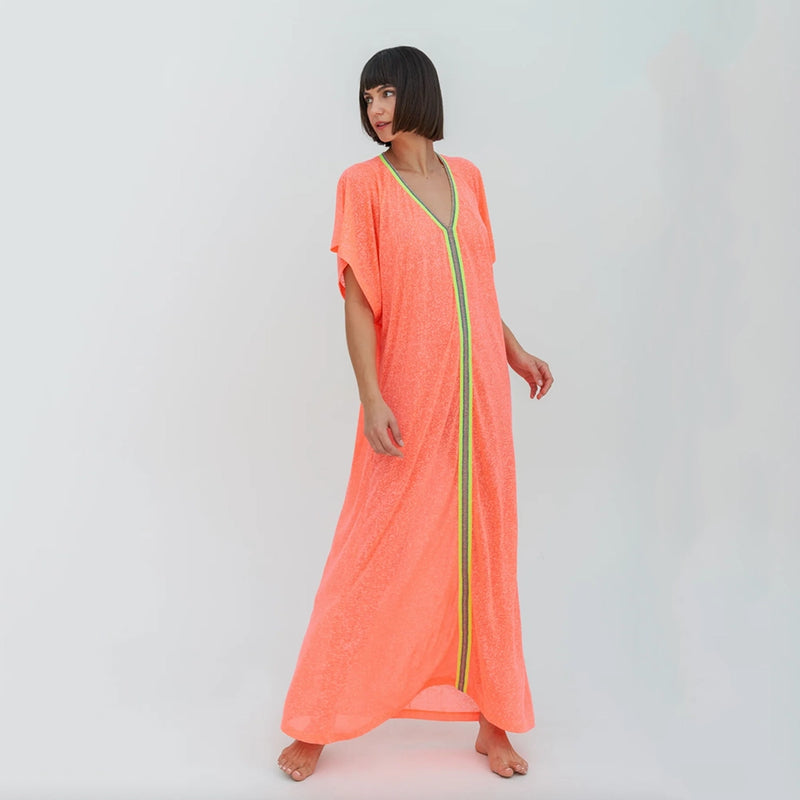 pitusa inca abaya in watermelon on model