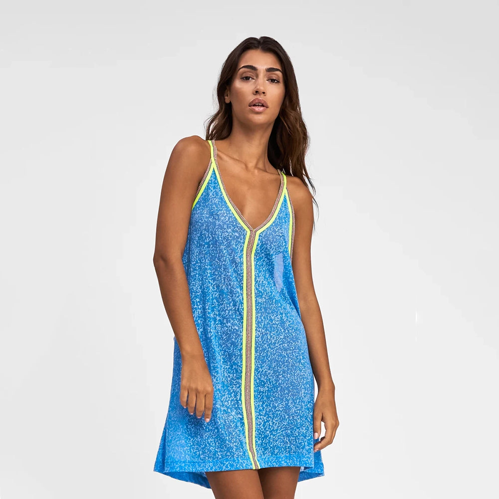 pitusa mini sundress in blue on model