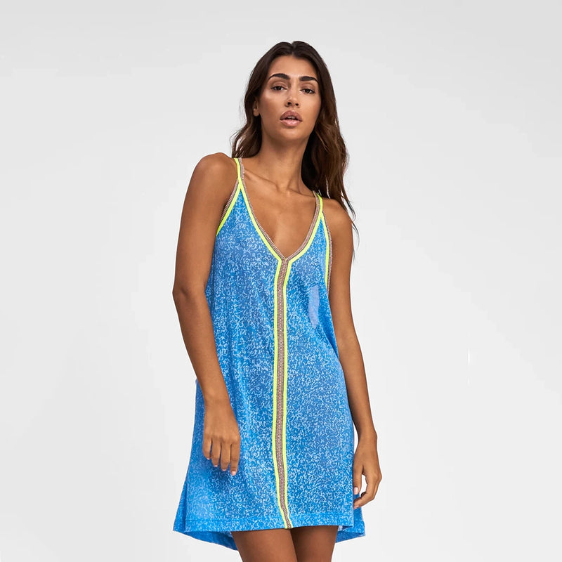 pitusa mini sundress in blue on model