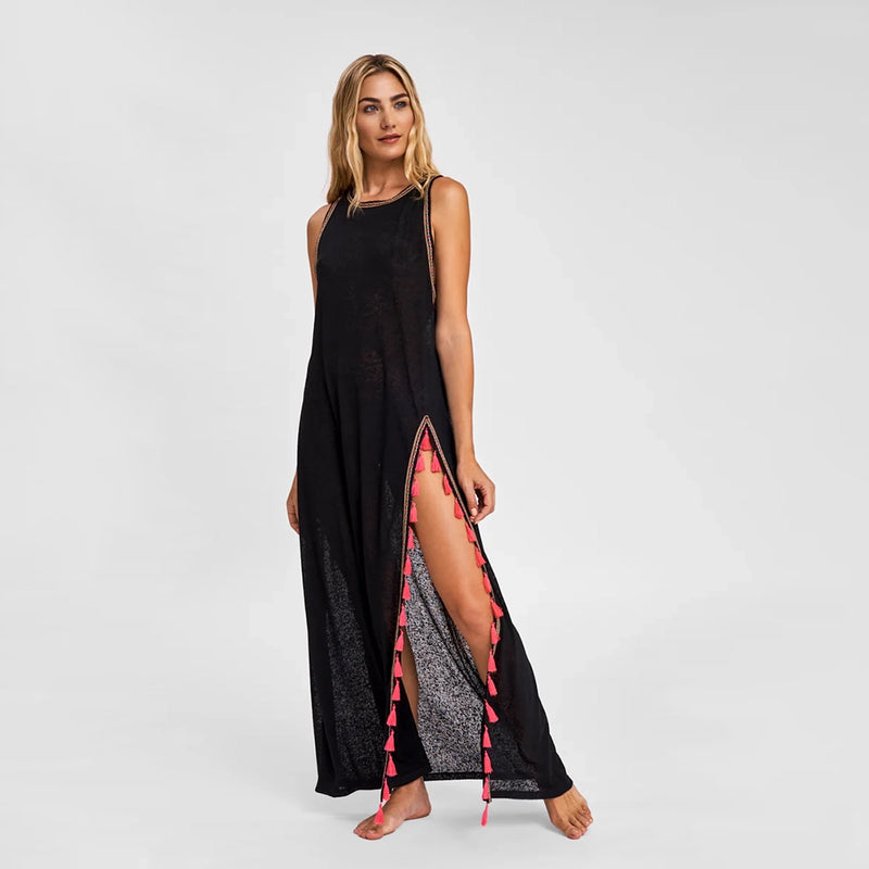 pitusa black slip dress with watermelon tassels