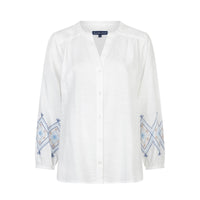 white blouse with embroidered sleeves on a white background
