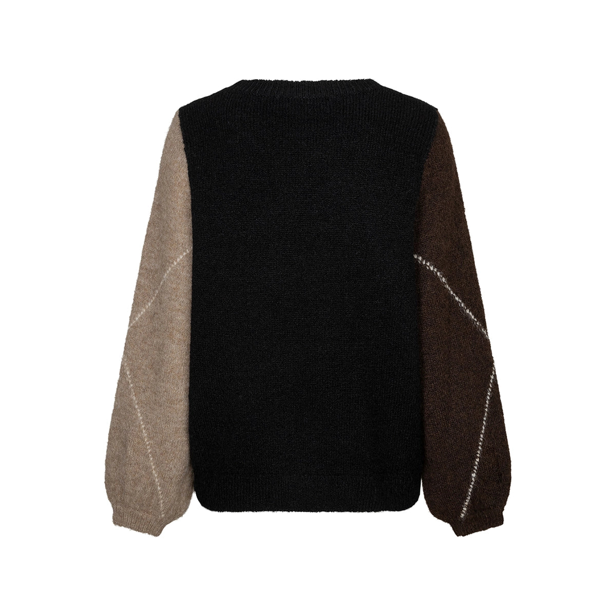 A black knit sweater shown from behind with contrasting sleeves, featuring a light beige sleeve on the left and a dark brown sleeve on the right, both detailed with diagonal white stitched lines.