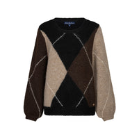 A long-sleeve knit sweater with an argyle pattern in dark brown, light brown, and beige, featuring a crew neck and ribbed cuffs and hem.