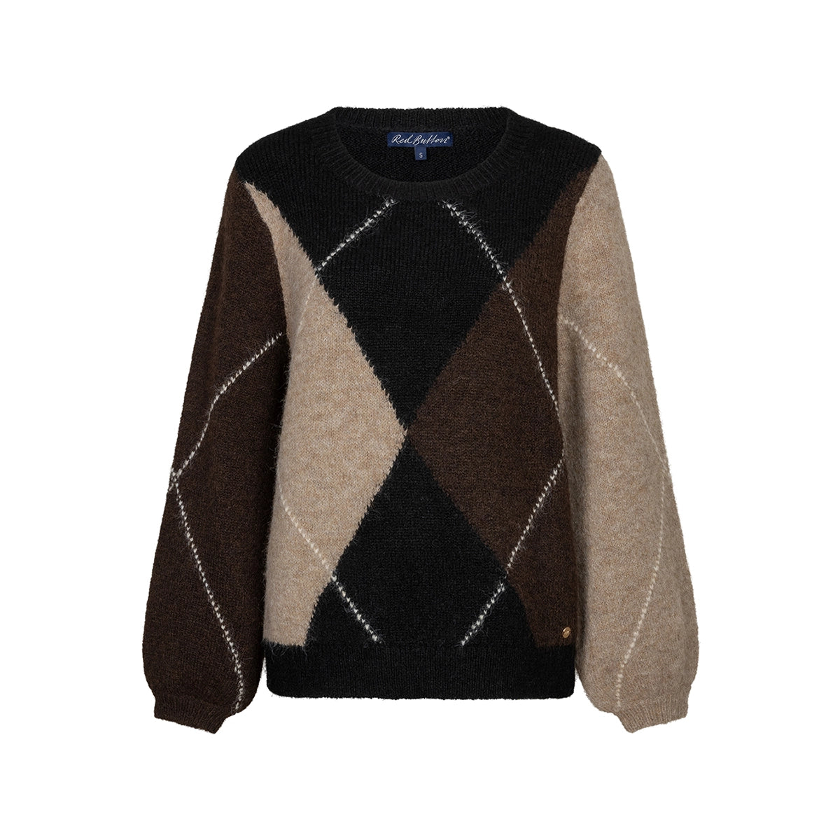 A long-sleeve knit sweater with an argyle pattern in dark brown, light brown, and beige, featuring a crew neck and ribbed cuffs and hem.