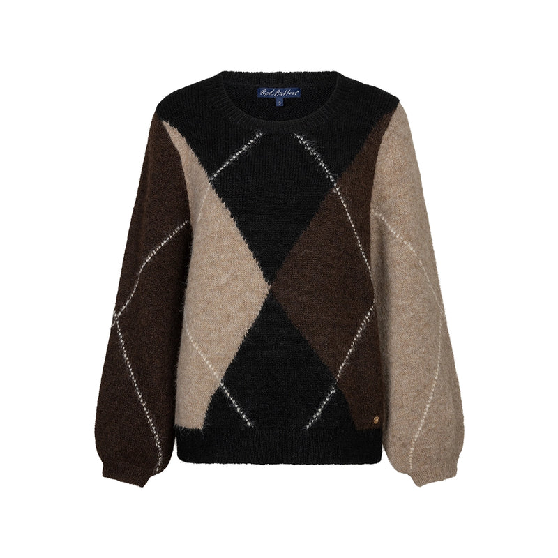A long-sleeve knit sweater with an argyle pattern in dark brown, light brown, and beige, featuring a crew neck and ribbed cuffs and hem.
