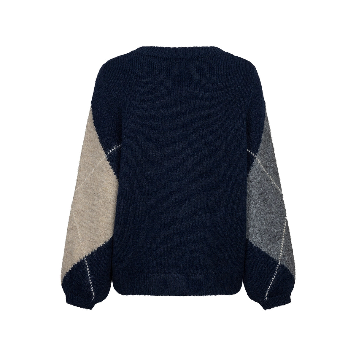 A navy blue knit sweater shown with argyle patterned sleeves in beige and gray, shown from the back on a white background.