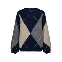A long-sleeve knit sweater with an argyle pattern in navy blue, light gray, and beige, featuring a crew neck and ribbed cuffs and hem.