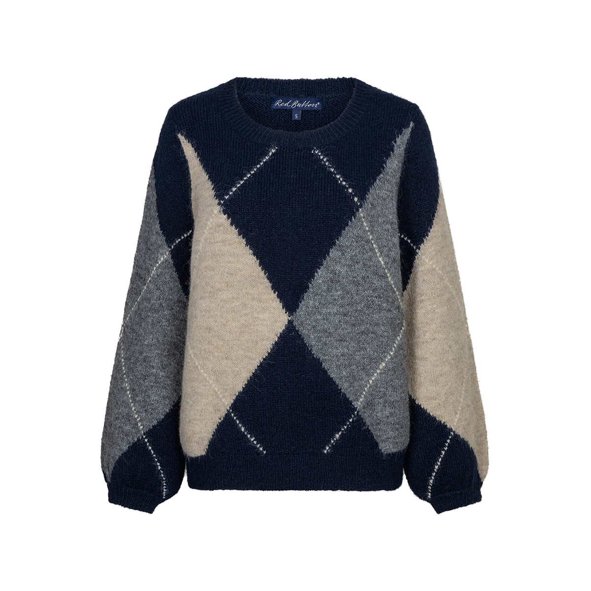 A long-sleeve knit sweater with an argyle pattern in navy blue, light gray, and beige, featuring a crew neck and ribbed cuffs and hem.