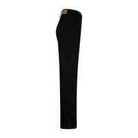 Black flare jeans shown from the side on a white background.