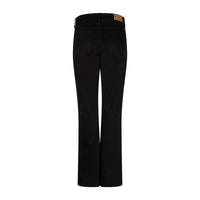 Black flare jeans shown from behind on a white background.