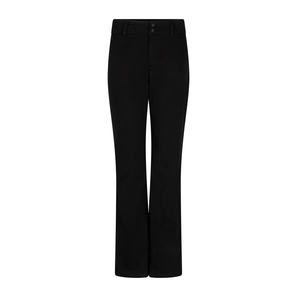 Black flare jeans shown against a white background.