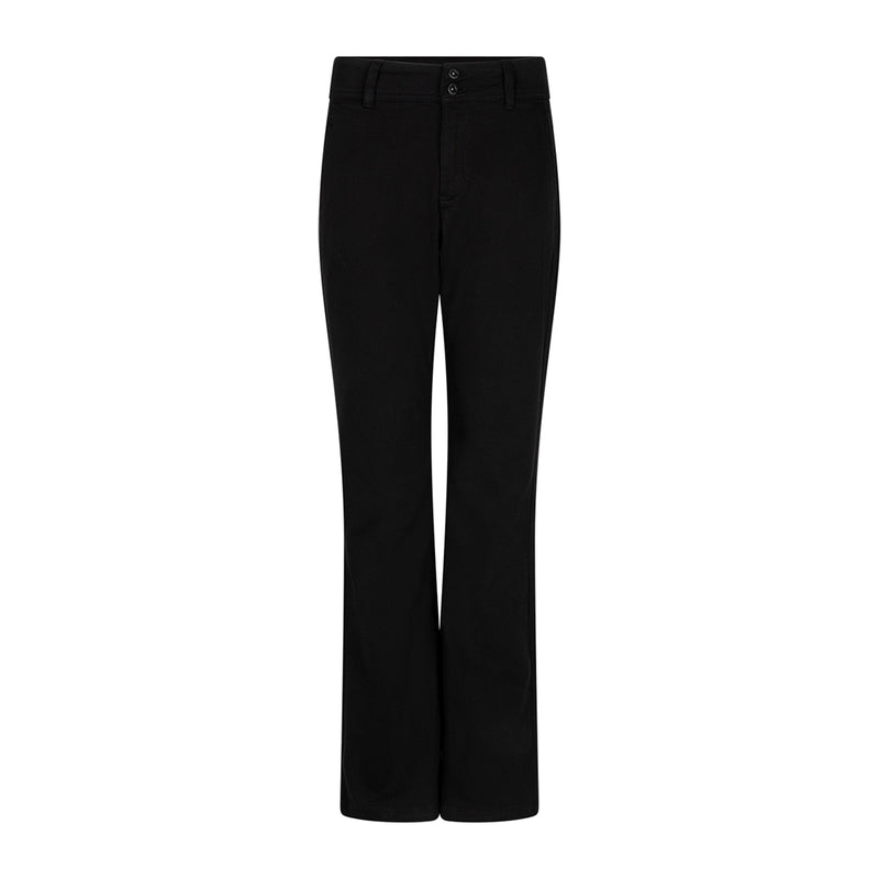 Black flare jeans shown against a white background.