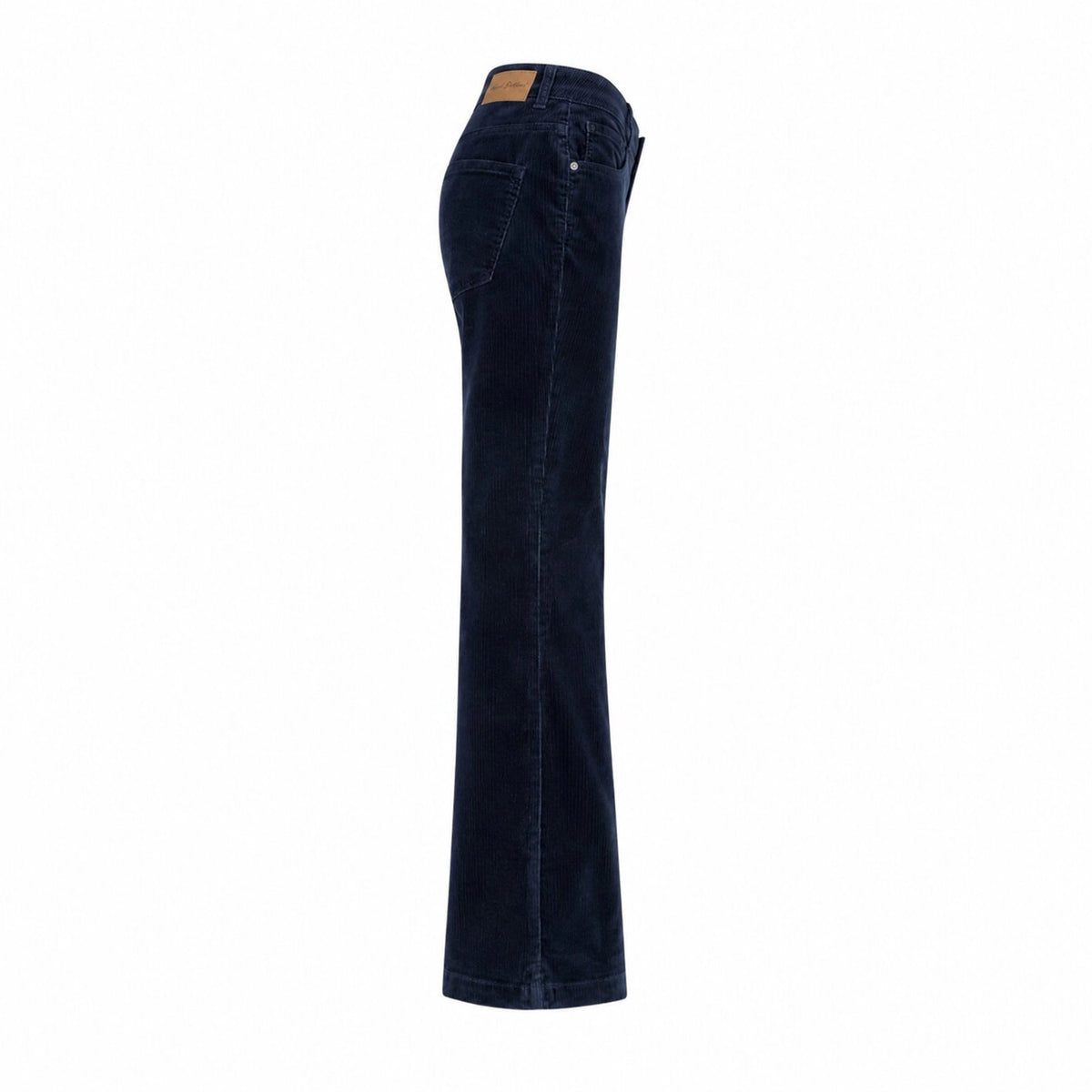 A pair of dark navy blue flare jeans shown from a side profile view against a solid white background.