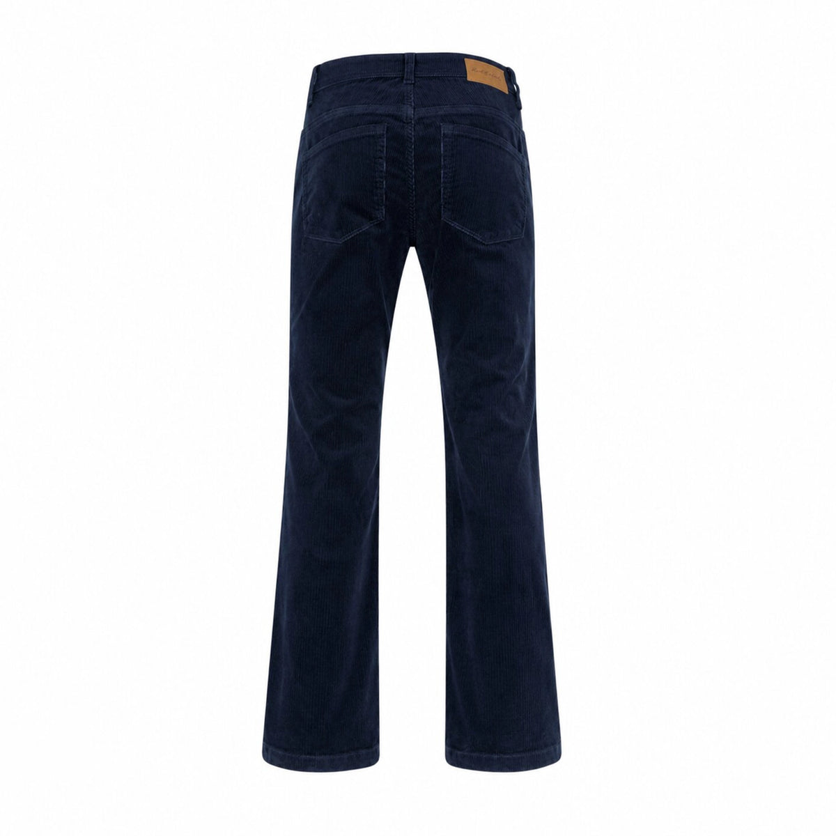 Back view of dark navy blue corduroy trousers on a white background.