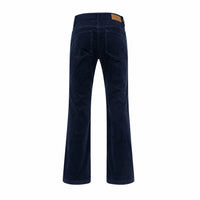 Back view of dark navy blue corduroy trousers on a white background.
