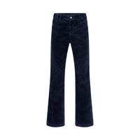 A pair of dark navy blue corduroy trousers shown flat against a solid white background.