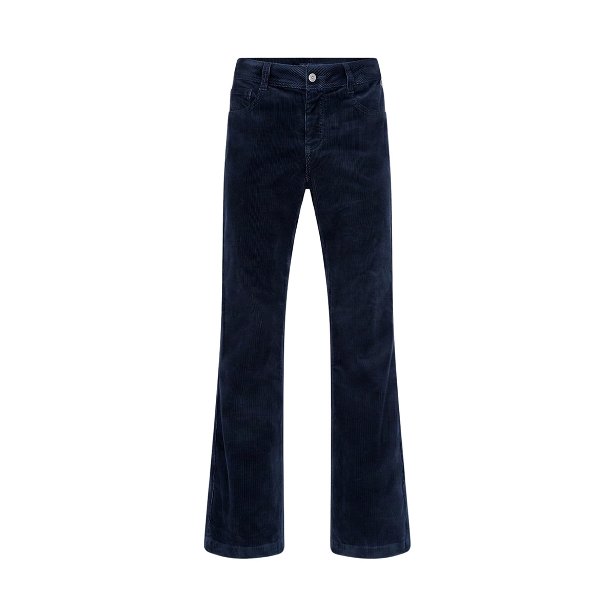 A pair of dark navy blue corduroy trousers shown flat against a solid white background.